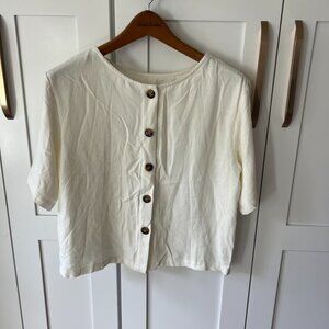 Linen Blouse Womens M Cream Button Front Short Sleeve Flowy Shirt